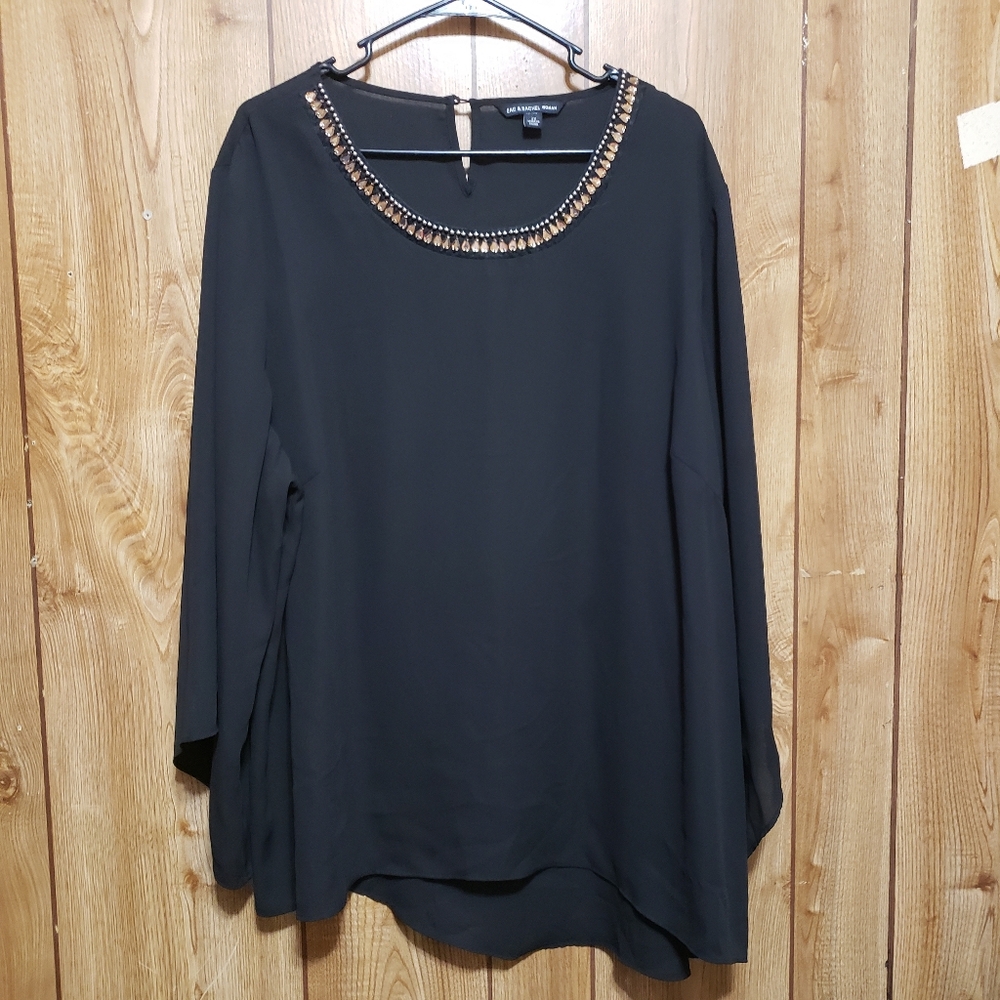 Black Chiffon Plus 2X  Long Sleeve Tunic Top with"Jewel" Neckline Loose Sleeves